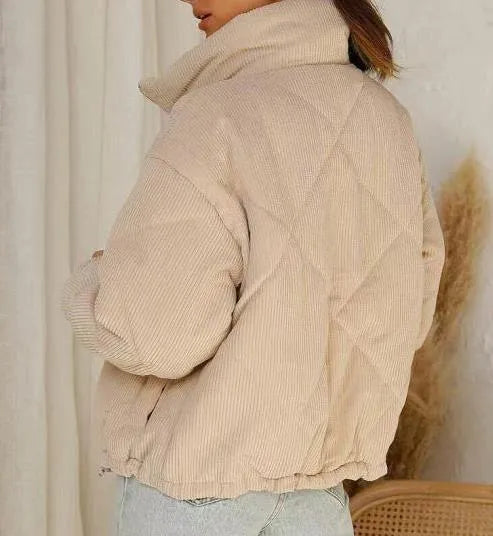 Apricot corduroy women's jacket with stand collar, long sleeves and front zipper