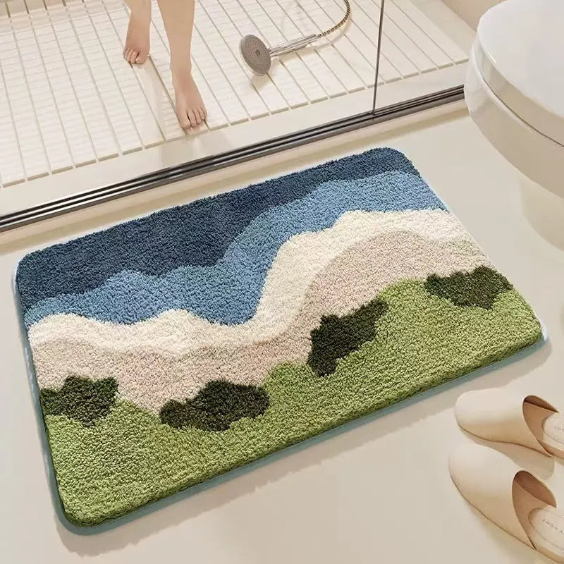 Imitation cashmere carpet floor mat with rainbow pattern and plastic bottom in sky sea colour