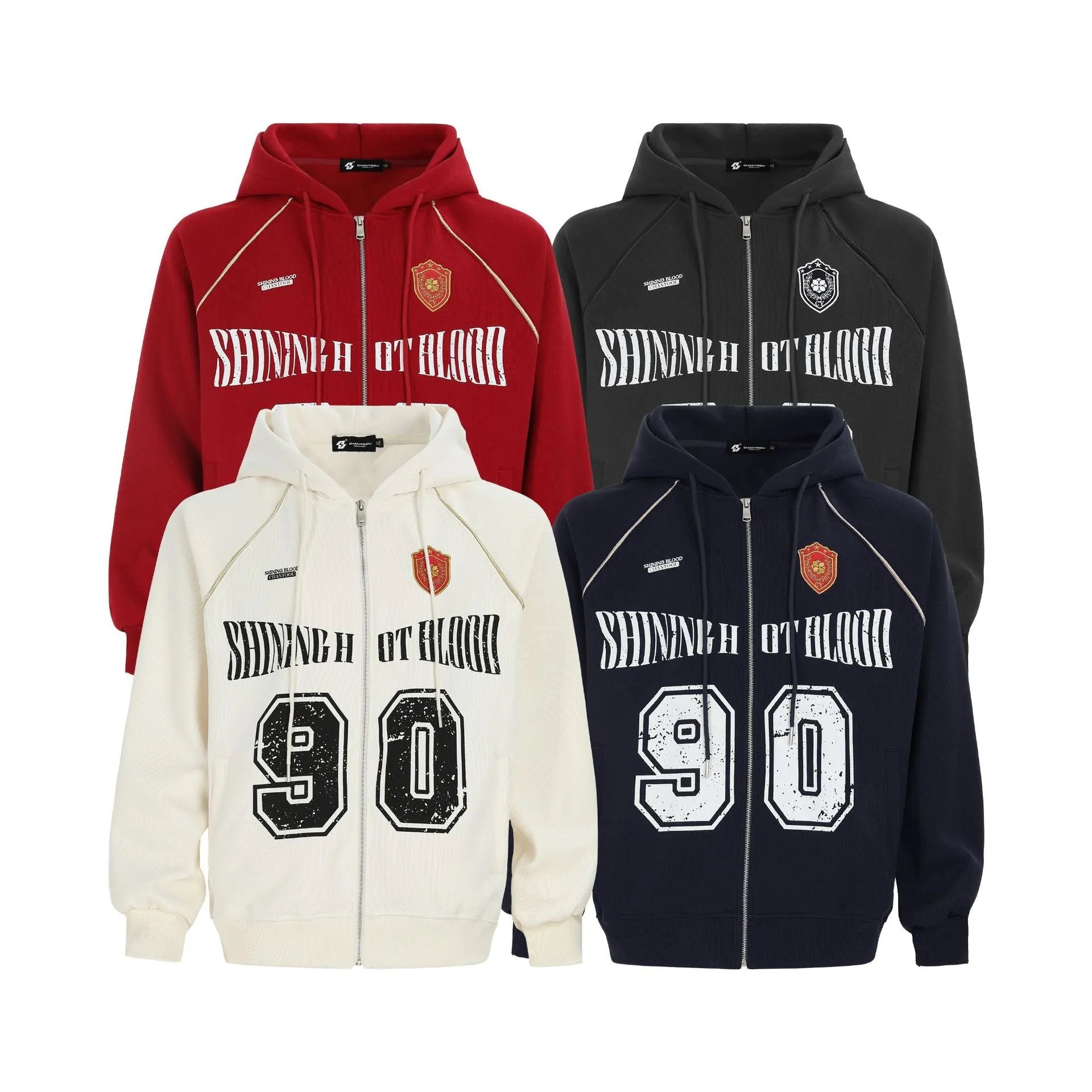 Women's loose-fit American retro hooded jacket with letter embroidery in cotton blend fabric.