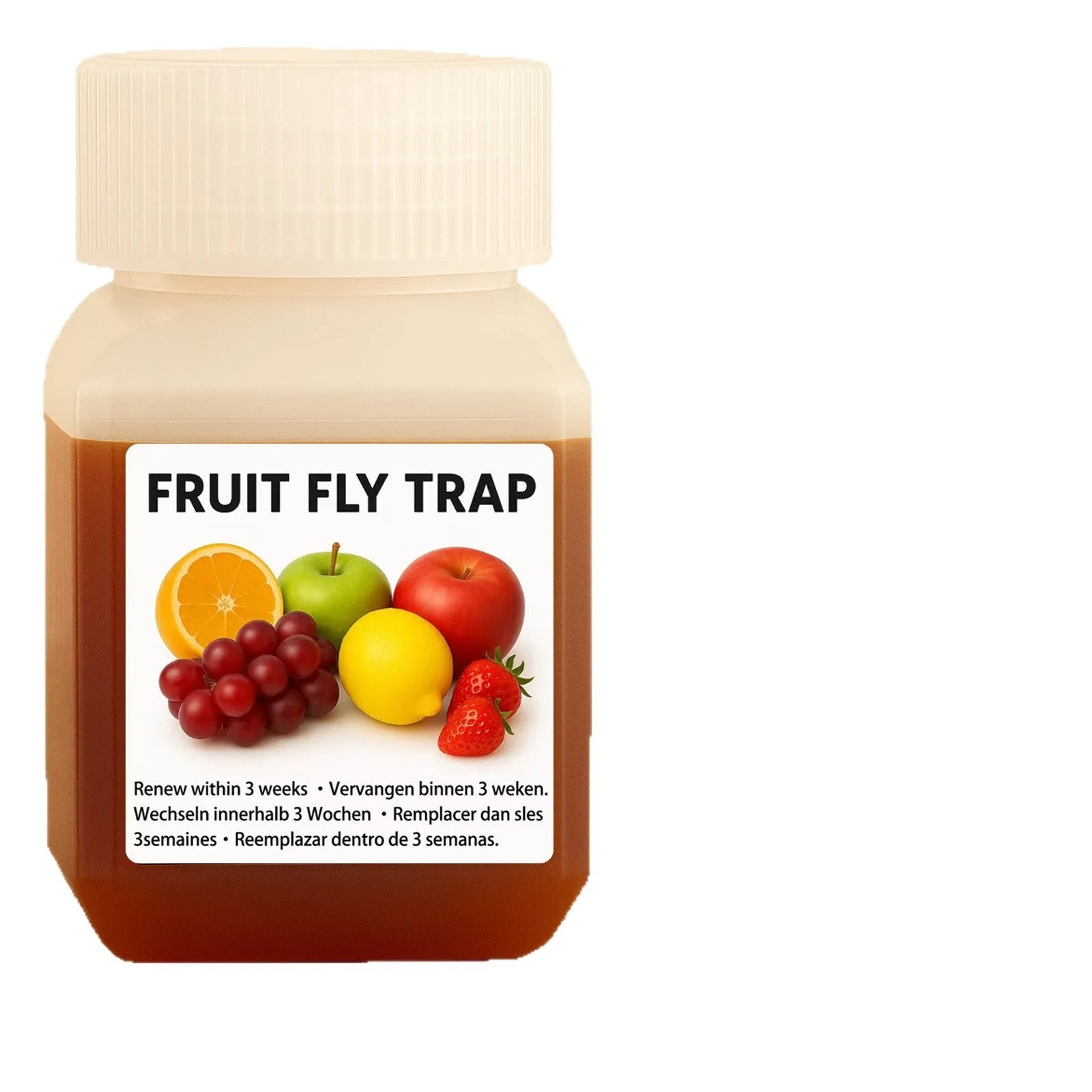 Bottle of fruit fly trapper bait liquid with optional funnel for kitchen pest control