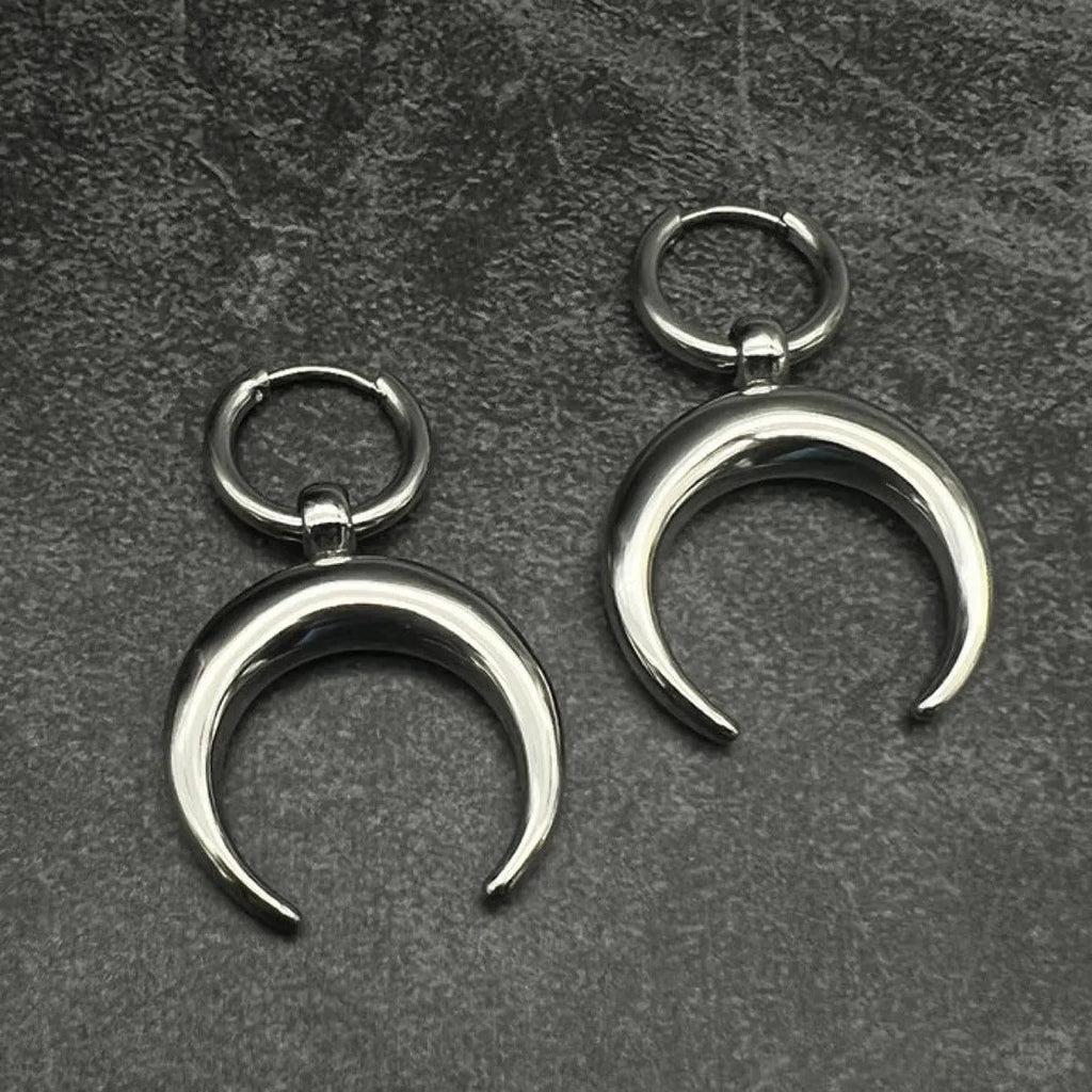 Silver big hoop earrings with vintage gothic moon design and geometric punk style