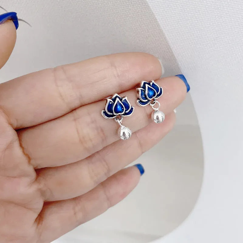 Blue lotus earrings with artistic seedpod tassel design, 1.2cm wide ear studs
