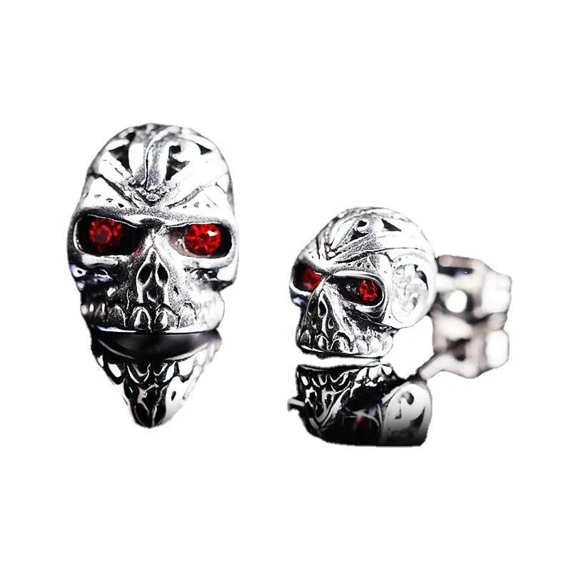 Retro-style skull stud earrings with red eye ghost head design in electroplated alloy metal