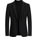 Men's slim-fit wool suit in grey on a hanger, showing single-breasted jacket and trousers.