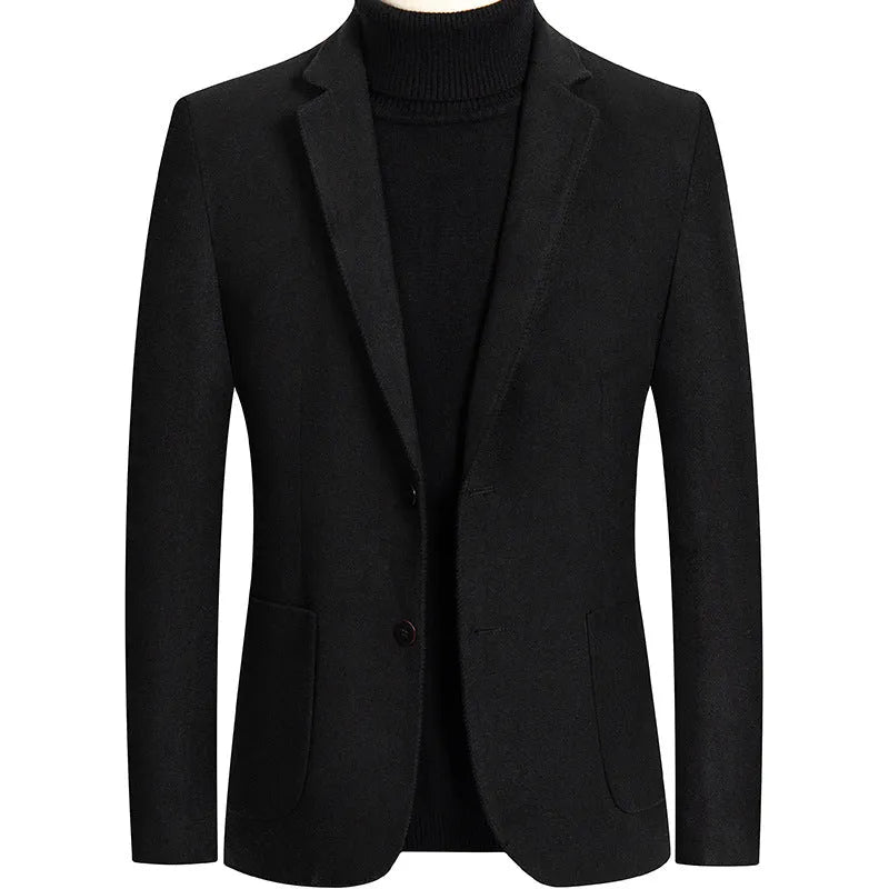 Men's slim-fit wool suit in grey on a hanger, showing single-breasted jacket and trousers.