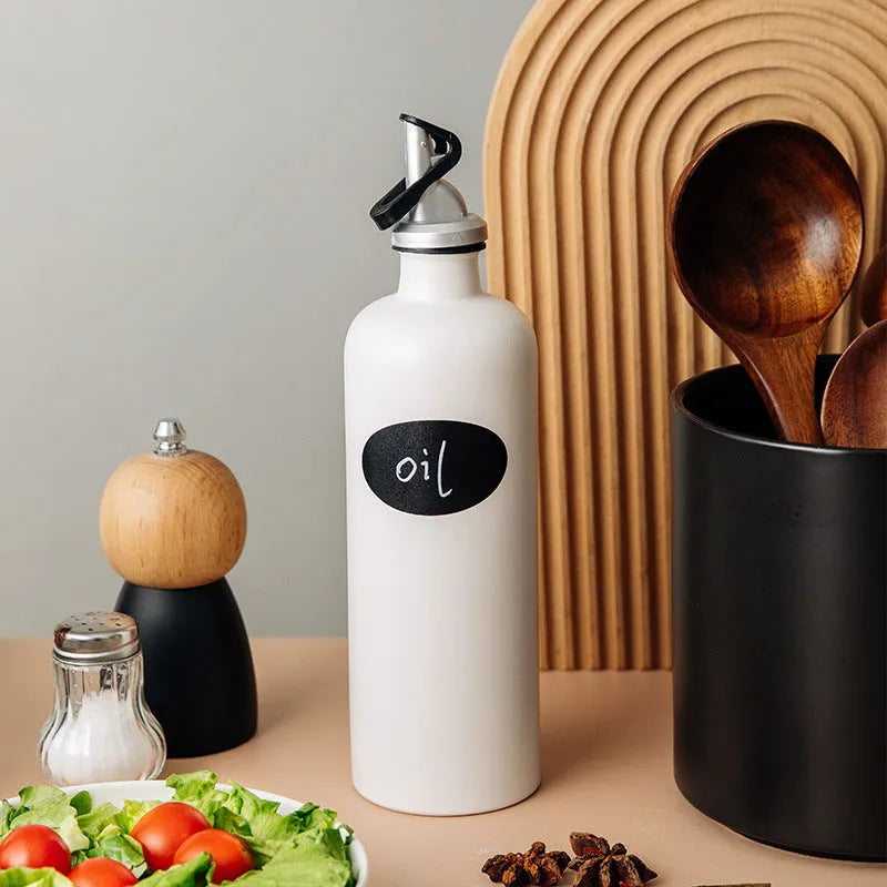 Ceramic oil pot with funnel shape in black, coffee, or white colour for kitchen storage