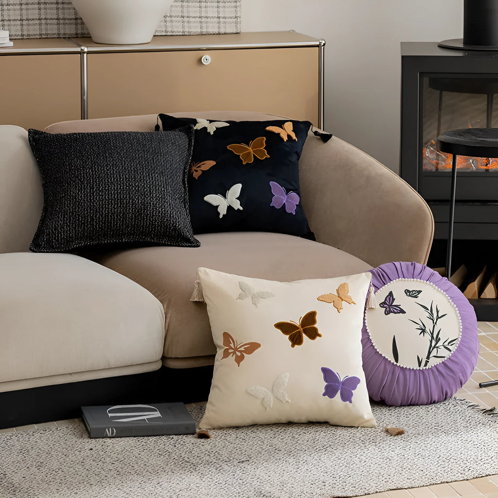 Butterfly embroidery Chinese style decorative cushion 45x45cm beige black purple