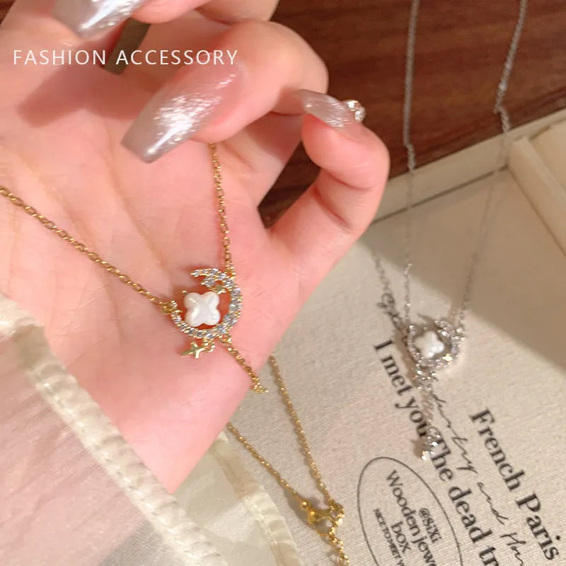 Gold star and moon necklace on adjustable copper chain with diamond treatment