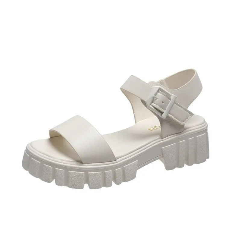 Beige women's peep toe platform sandals with an ankle-strap buckle and fish mouth toe design.