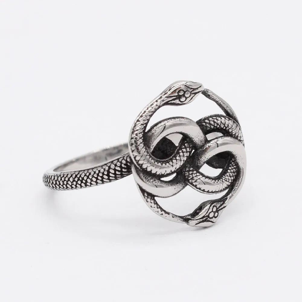 Retro double snake ring in steel colour made from titanium steel available in sizes 6 to 13