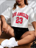 Women's black cotton T-shirt with white printed English letters and an exposed navel design.