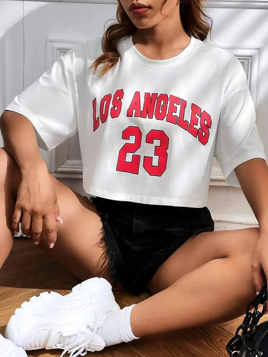 Women's black cotton T-shirt with white printed English letters and an exposed navel design.