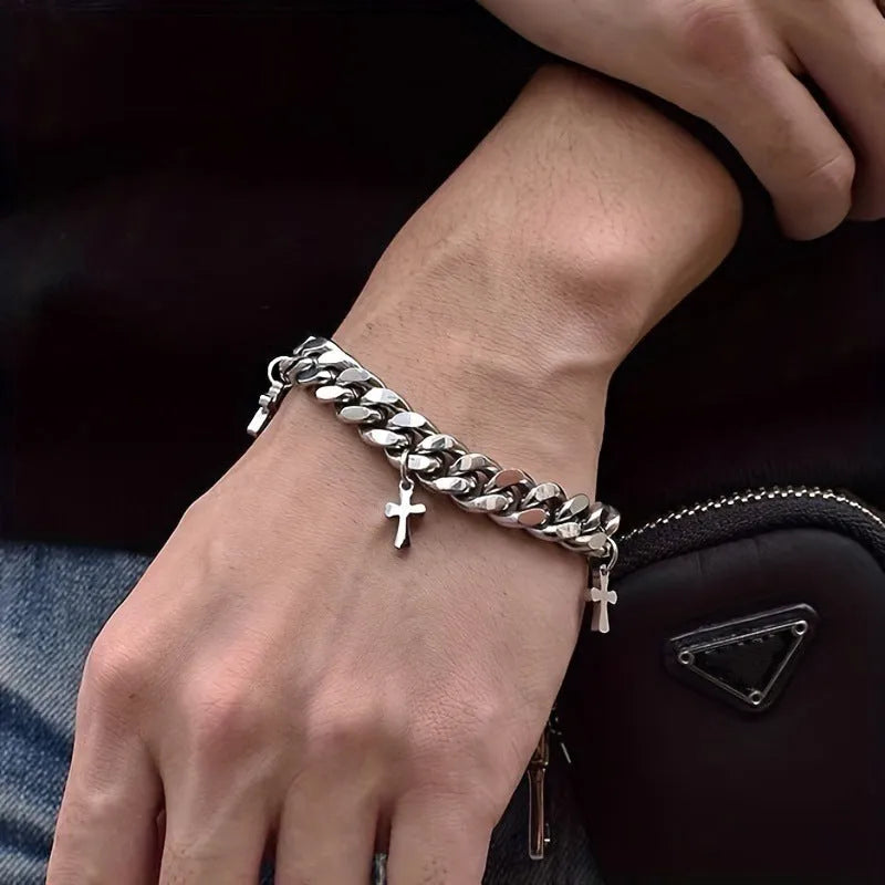Titanium steel men's bracelet with geometric shape and cross design in cold wind style