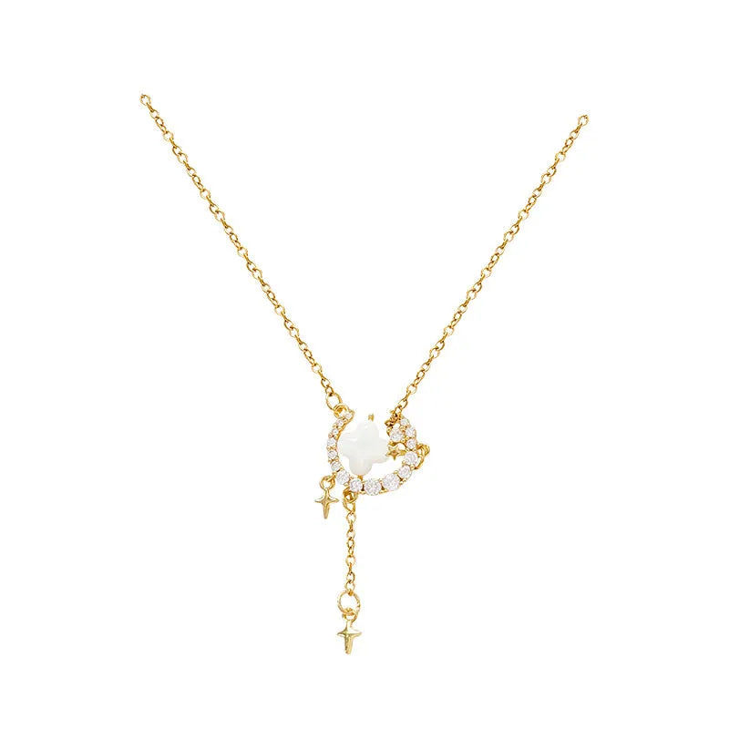 Gold star and moon necklace on adjustable copper chain with diamond treatment
