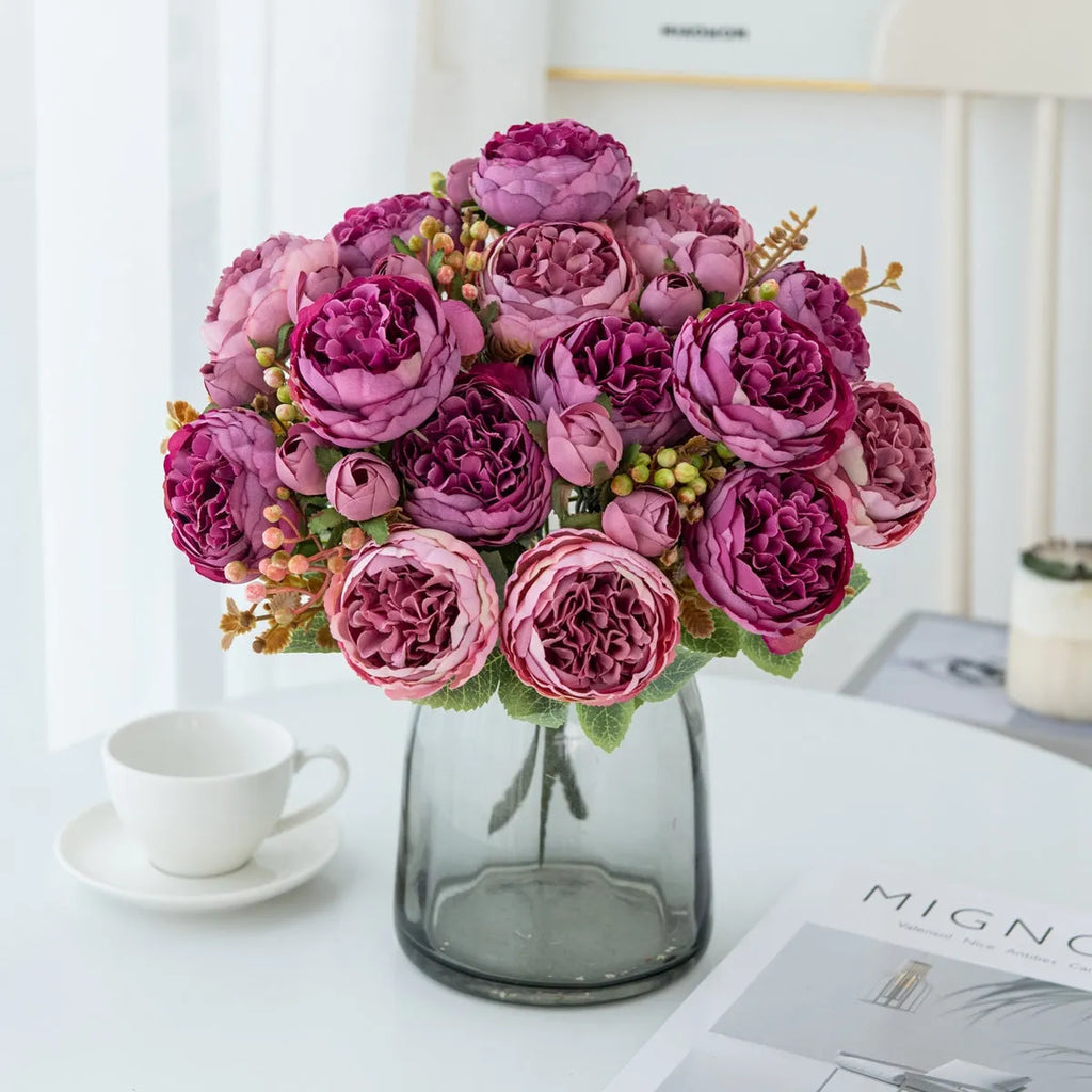 Silk artificial peony bouquet with 45cm stems in champagne colour for home decor and weddings