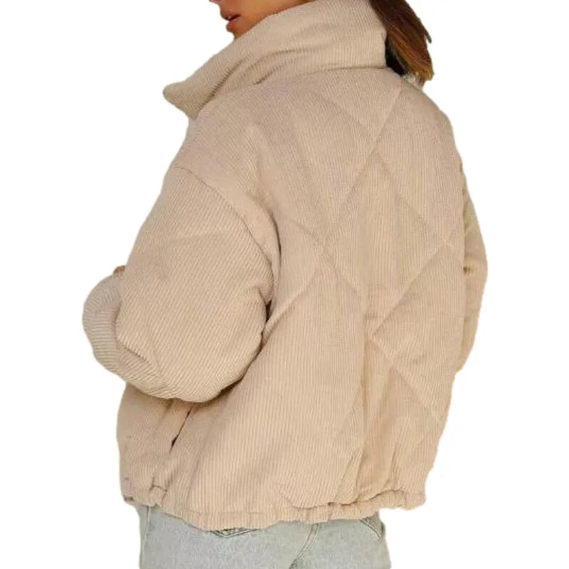 Apricot corduroy women's jacket with stand collar, long sleeves and front zipper