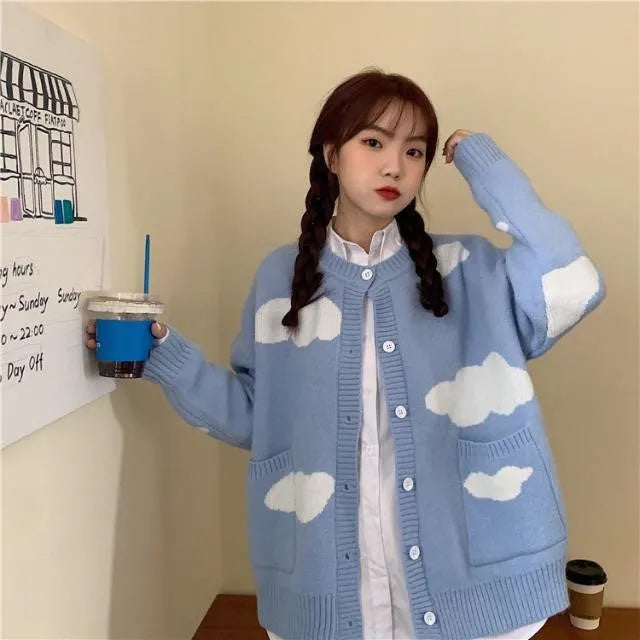 Blue cloud pattern loose spandex cardigan for women, shown as a pullover with long sleeves.