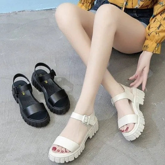 Beige women's peep toe platform sandals with an ankle-strap buckle and fish mouth toe design.