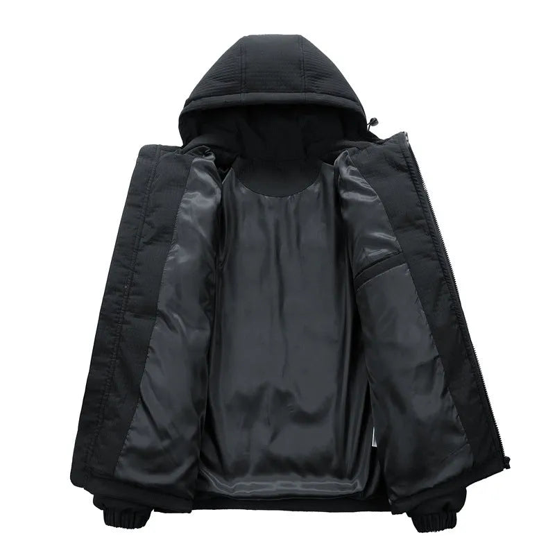 Man wearing a black, Korean-style, hooded cotton-padded winter coat with side pockets.