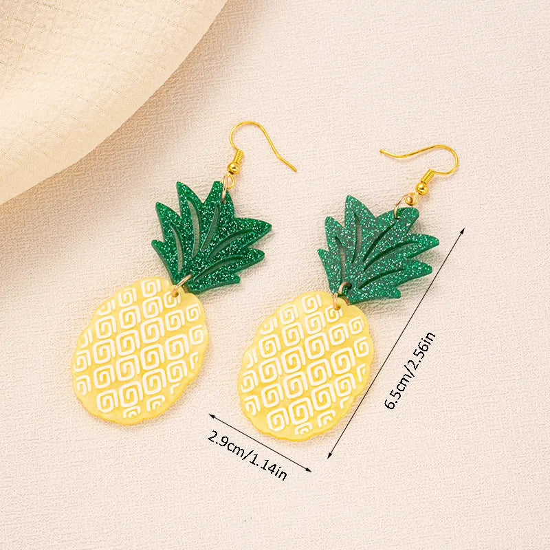 Close-up of acrylic drop earrings with a coconut artocarpus design on alloy hooks, showing one of five colour styles.