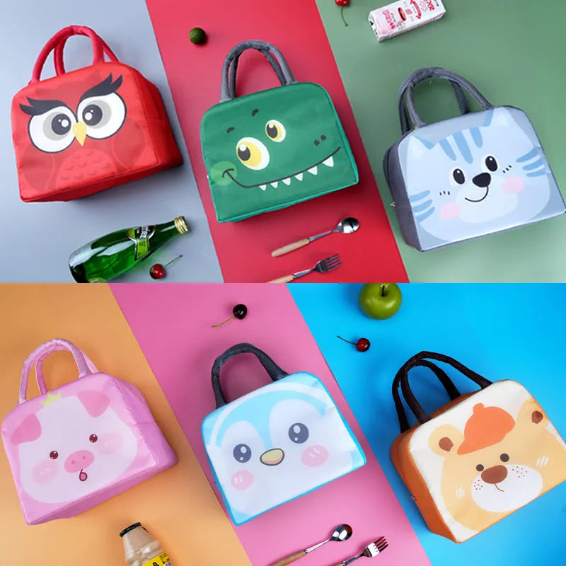 Cartoon insulated lunch box bag in Oxford cloth with aluminium foil lining, shown in multiple animal designs.