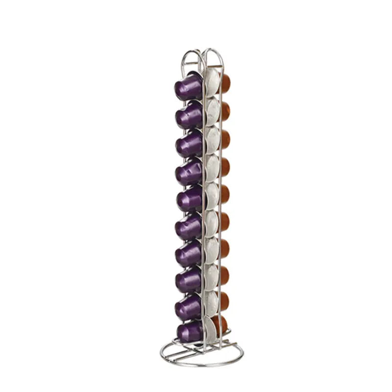 Wrought iron coffee capsule storage rack holding pods, in black or silver finish.