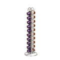 Wrought iron coffee capsule storage rack holding pods, in black or silver finish.