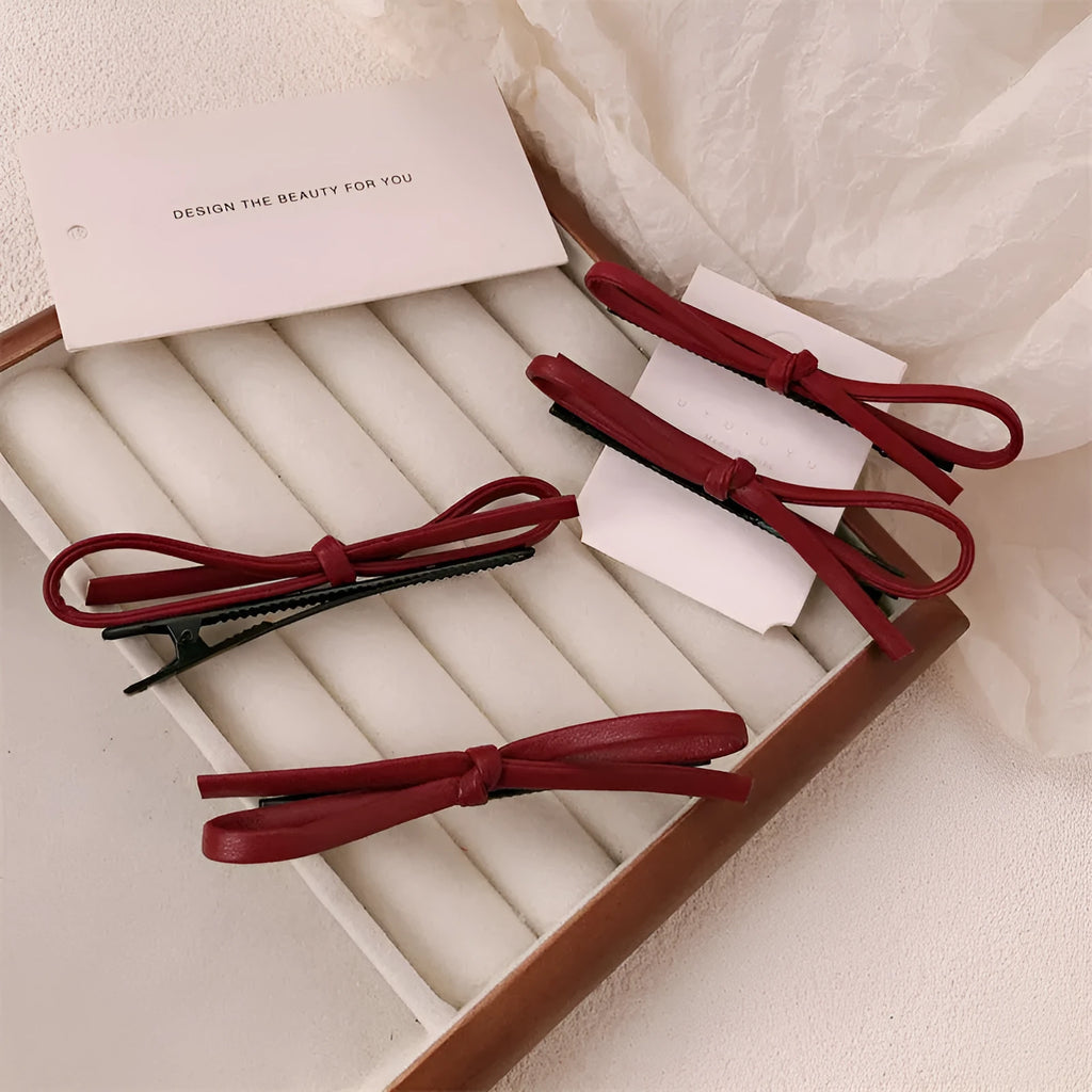 Wine red leather bow barrette hair clip for women with manual processing