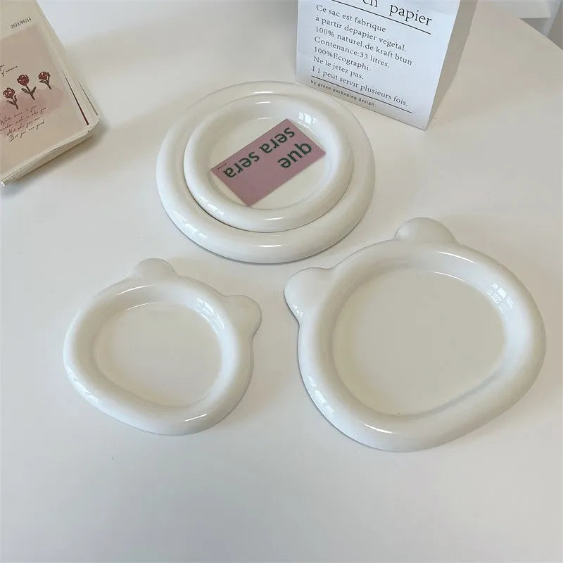 White porcelain ceramic plate with doodle or bear design in 15cm or 20cm round size
