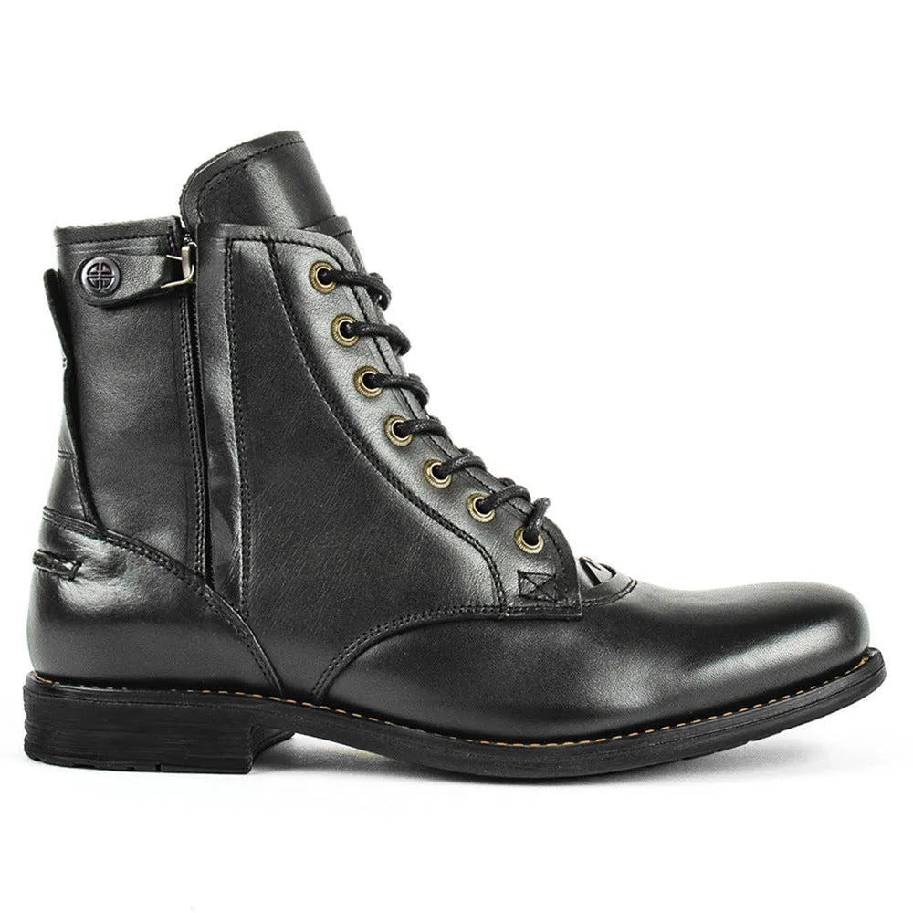 Knight Series men's black two-tone leather ankle boots with side zipper and low heel.