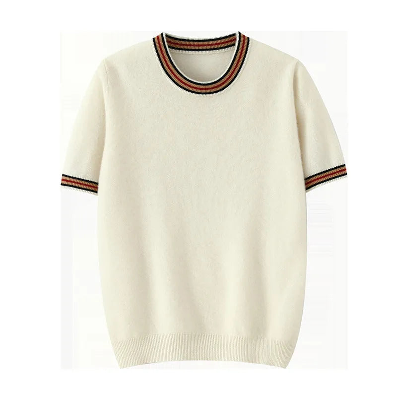 Men's grey round neck short sleeve wool pullover sweater laid flat.
