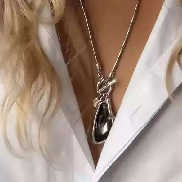 Long alloy sweater chain necklace with geometric water drop pendant on snake bone chain