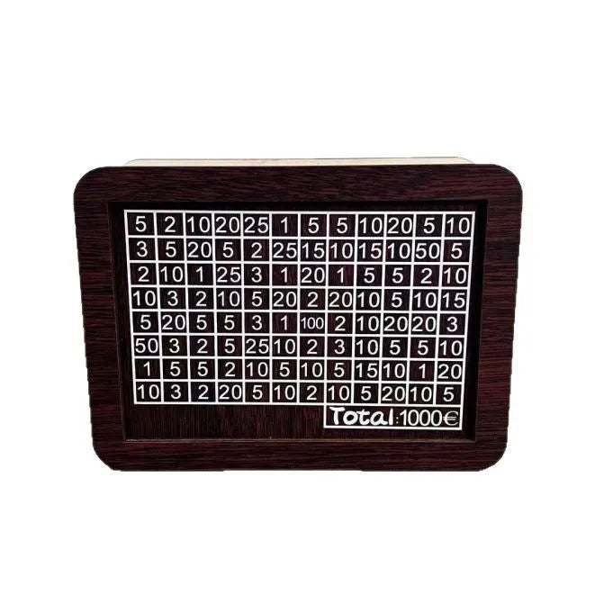 Wooden retro digital coin bank with digital display on modern simple desk.