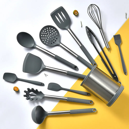 12-piece silicone kitchen utensil set with storage bucket in black, including ladle, spatula, claw tools and egg beater