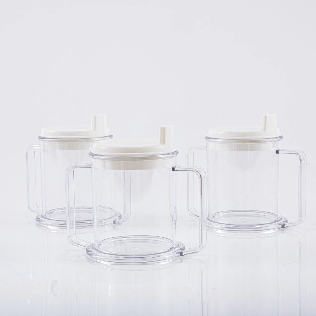 Transparent spill-proof drinking cup showing 14cm height with 301-400ml capacity