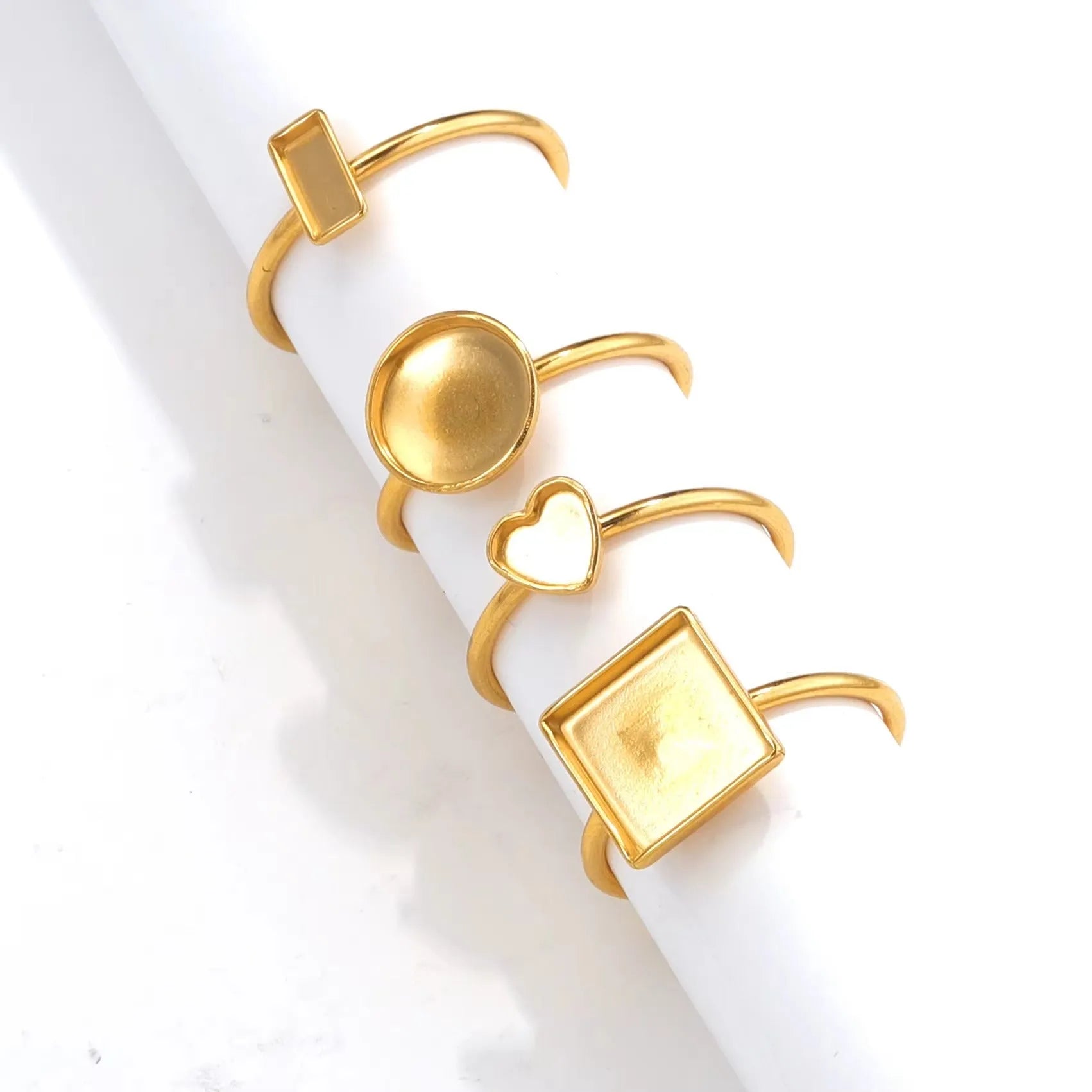 Golden electroplated stainless steel ring setting with multiple shape options for DIY jewellery making