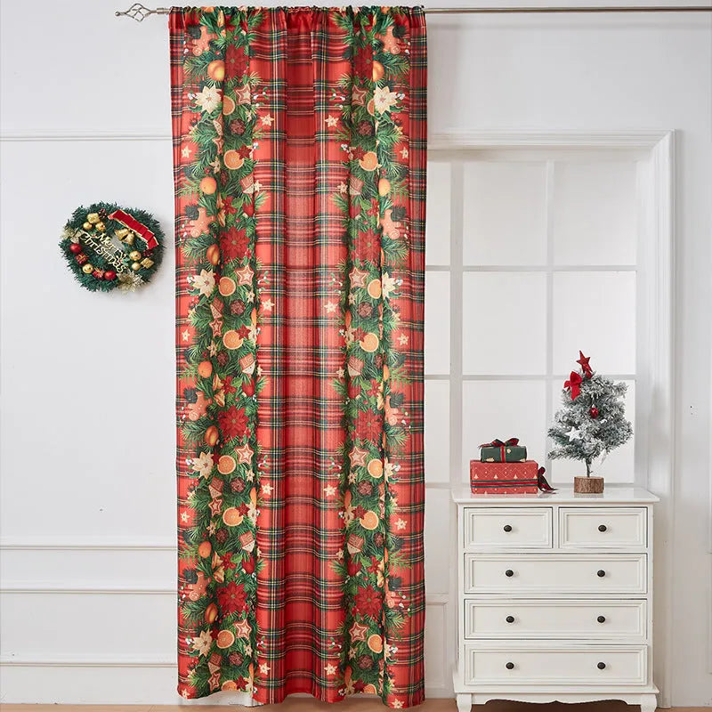 Rectangular printed polyester curtain with Christmas pattern offering semi-sunshade.