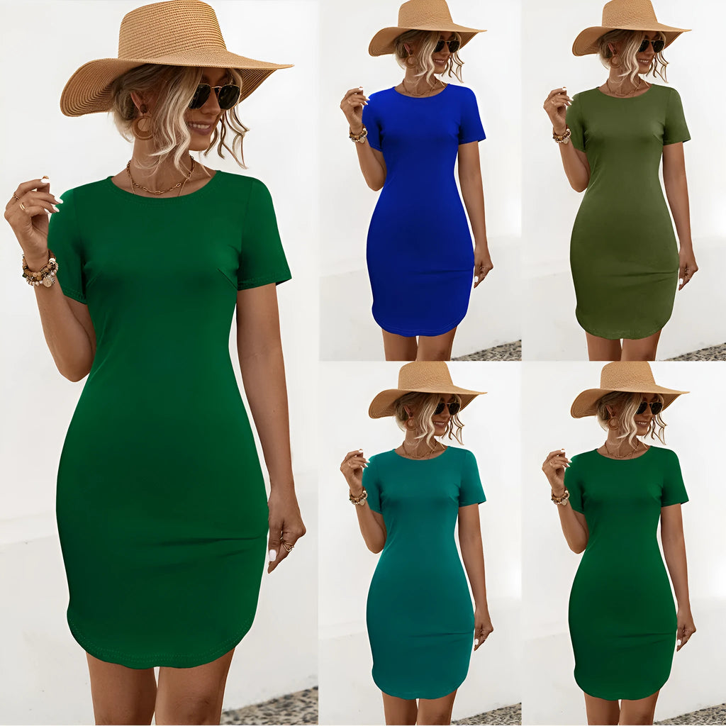 Women's slim-fit short sleeve dress with a U-shaped split hemline in a solid army green colour.