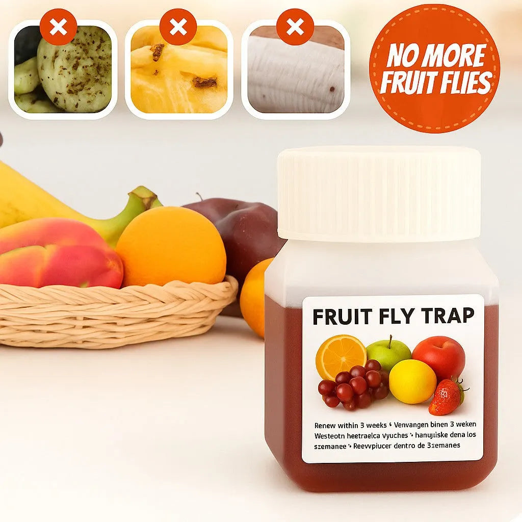 Bottle of fruit fly trapper bait liquid with optional funnel for kitchen pest control
