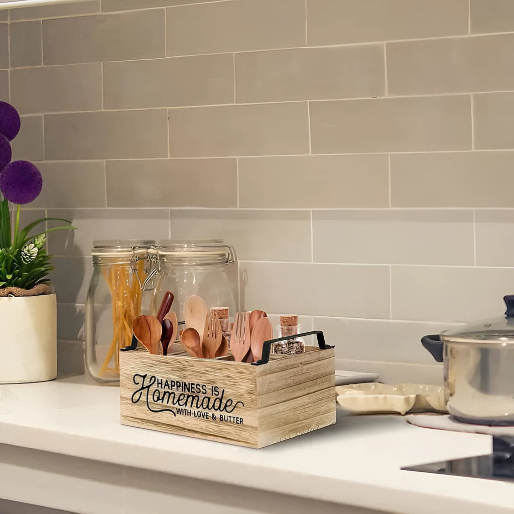 Large modern wooden kitchen storage box with internal grid for organising cutlery and utensils.