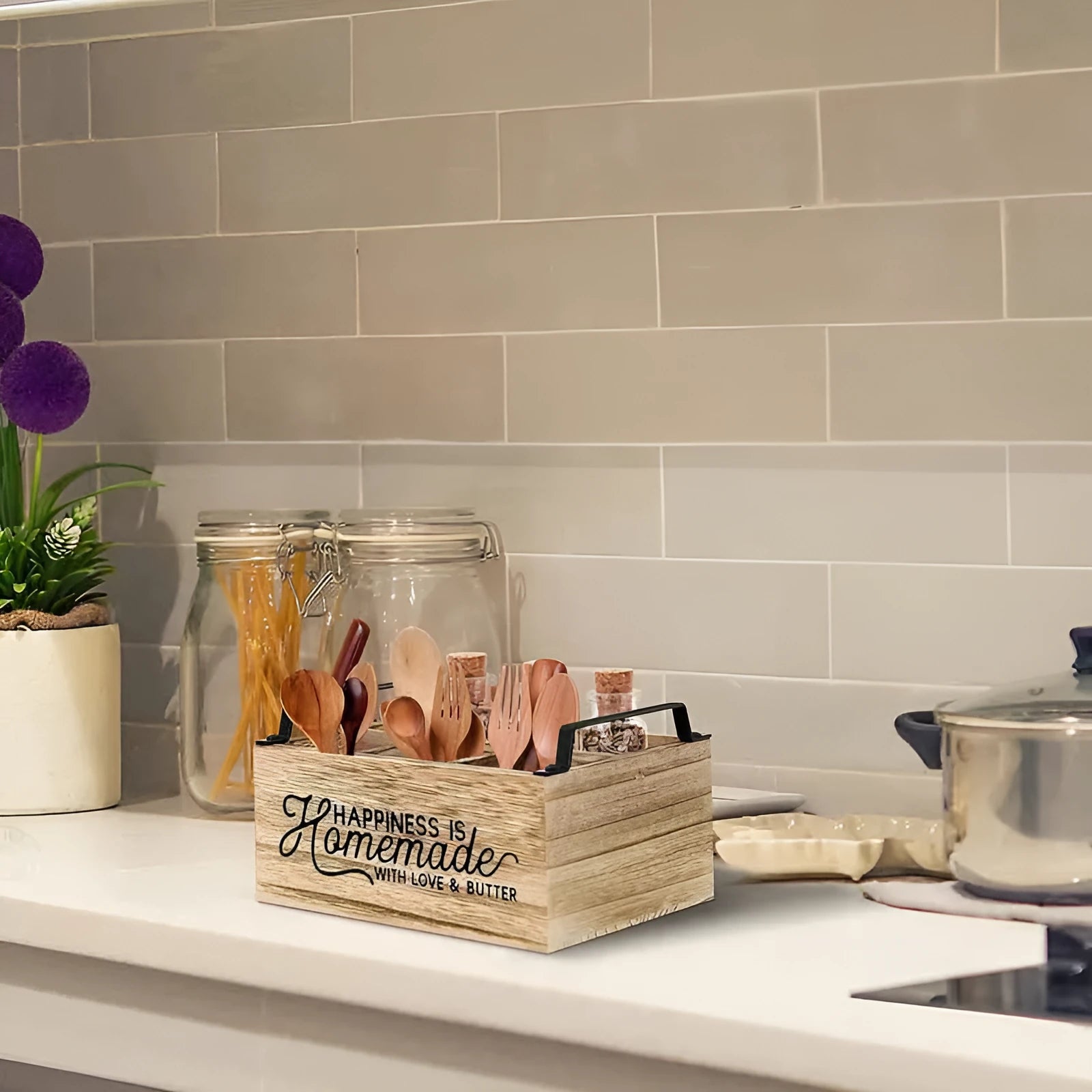 Large modern wooden kitchen storage box with internal grid for organising cutlery and utensils.