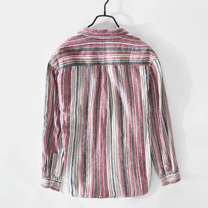 Men's grey striped linen shirt with long sleeves loose fit casual wear