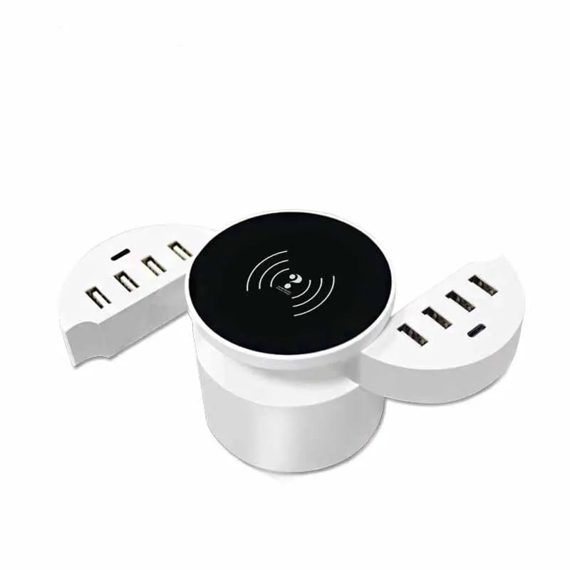 Ceramic white multi-port wireless circular charger with 8A output and international plug compatibility