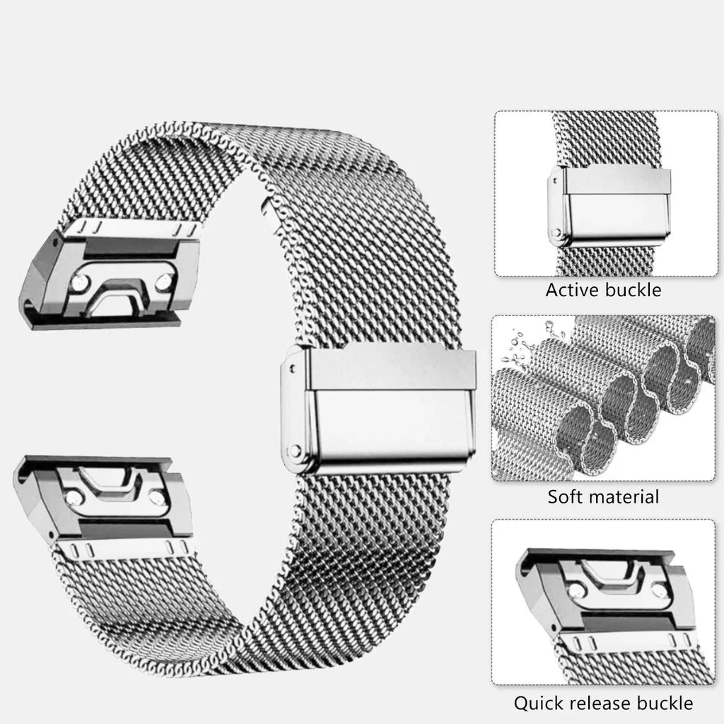 Stainless steel Garmin Fenix watch strap in silver, shown next to black, gold, and rose gold colour options.