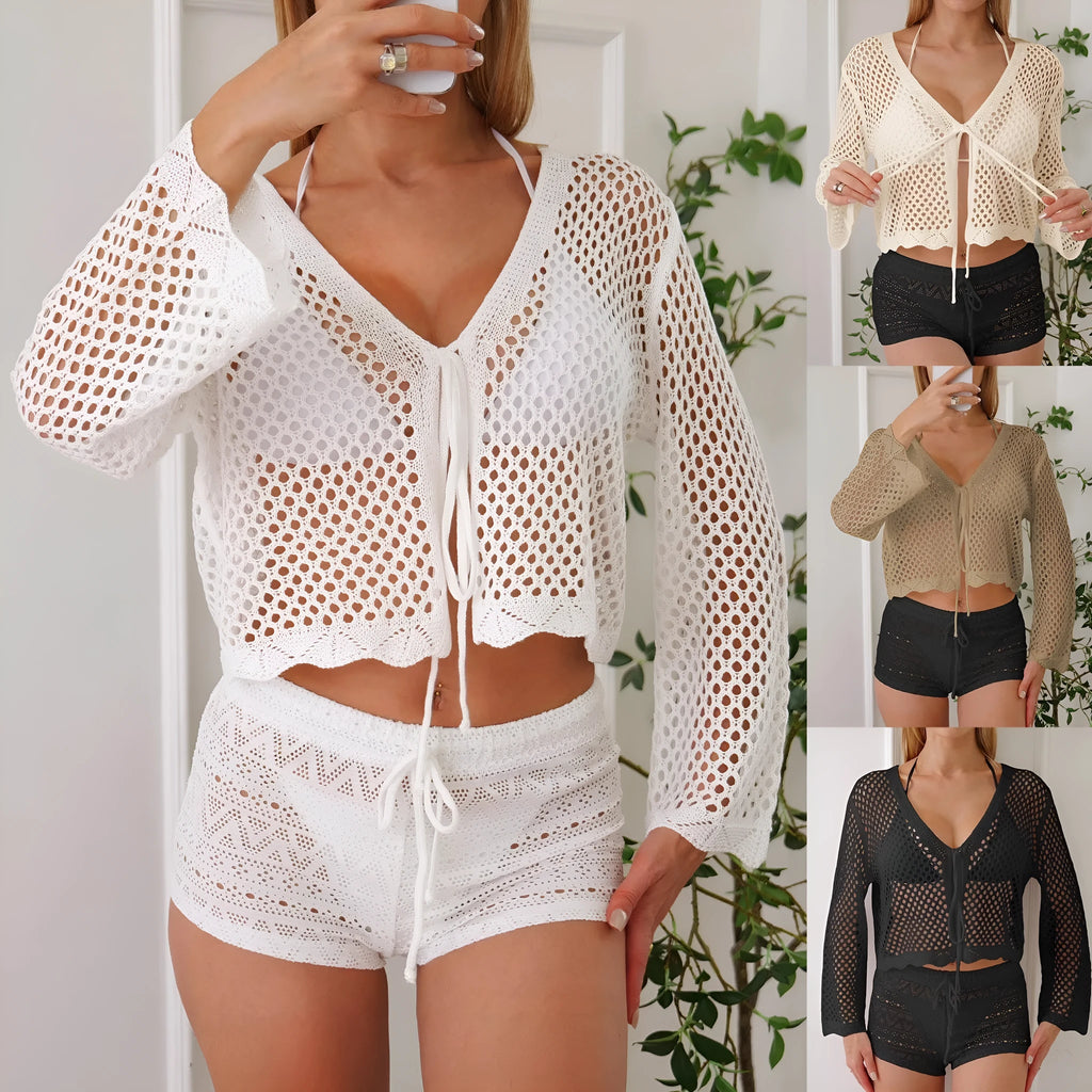Short women's cardigan blouse with bell sleeves in apricot hollow woven fabric