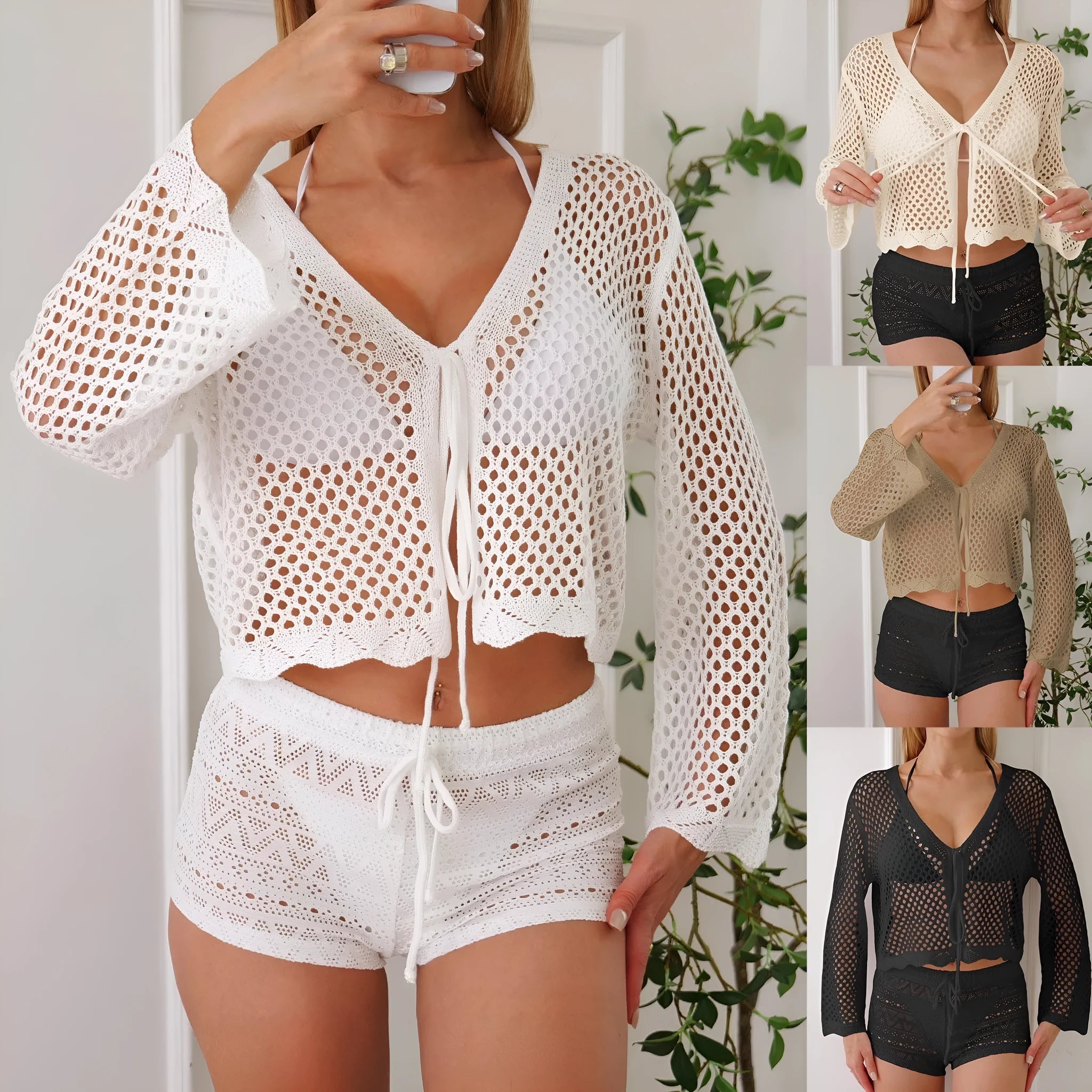 Short women's cardigan blouse with bell sleeves in apricot hollow woven fabric