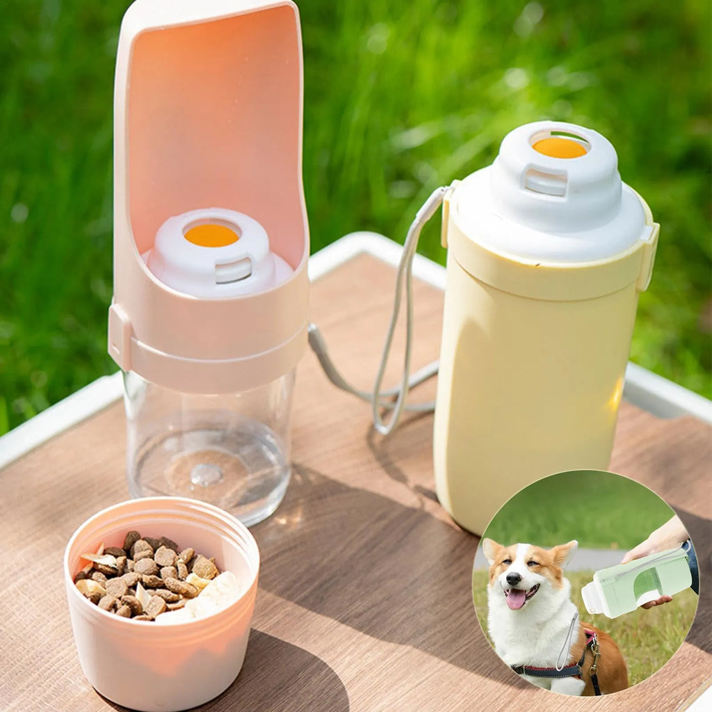 Grey 2-in-1 portable dog water bottle and feeder with lanyard for outdoor use