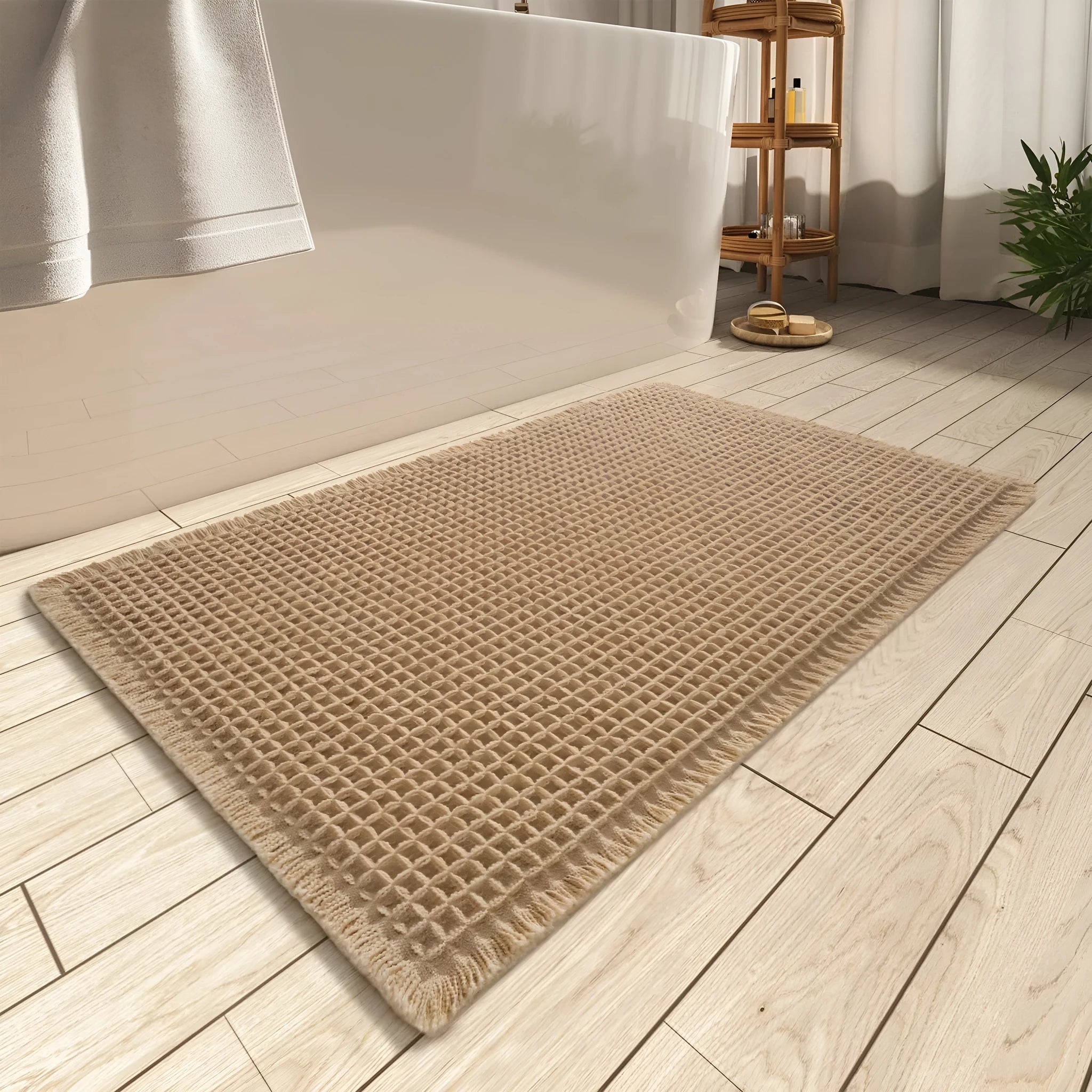 A checkered pattern polyester bathroom floor carpet showing non-slip backing.