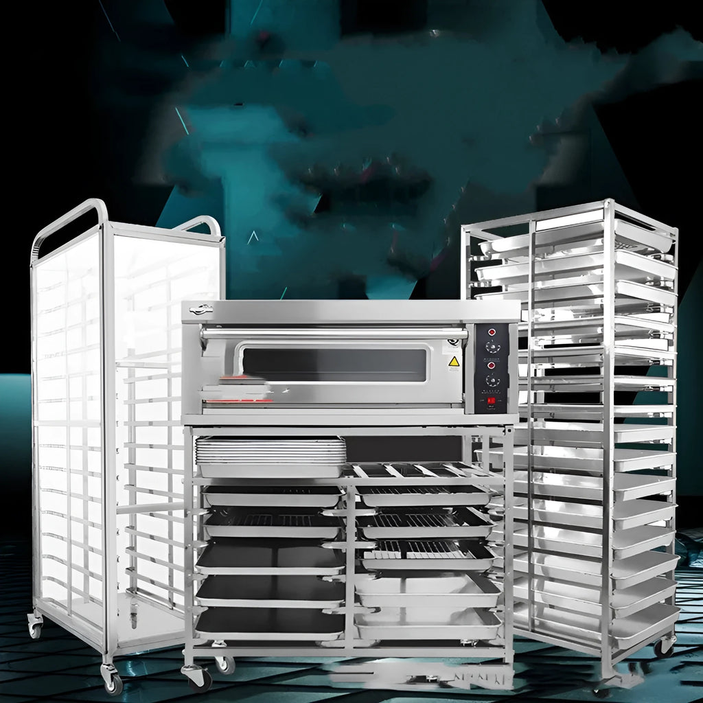 Stainless steel six-tier baking tray rack with a locking mechanism, shown holding multiple baking sheets.