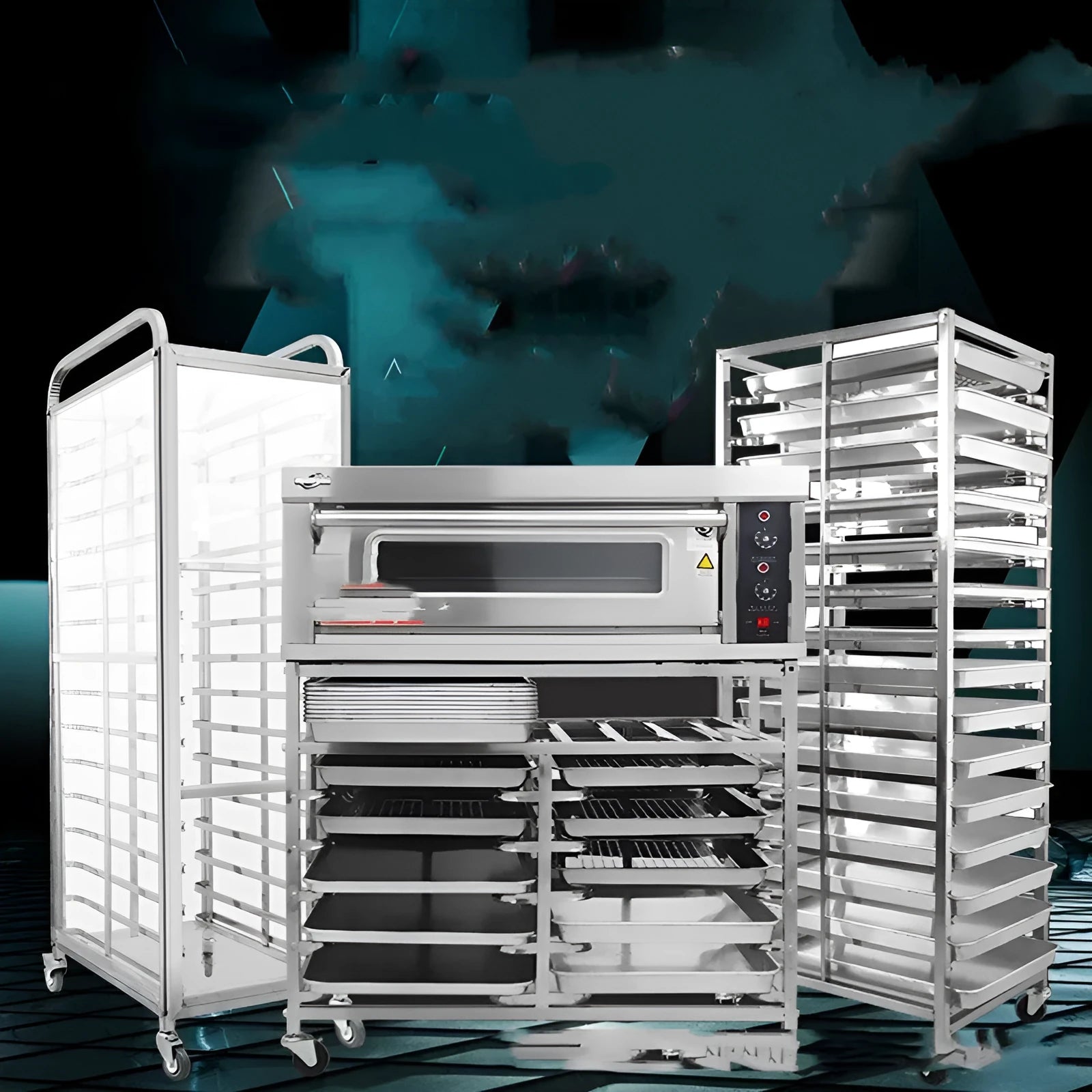 Stainless steel six-tier baking tray rack with a locking mechanism, shown holding multiple baking sheets.
